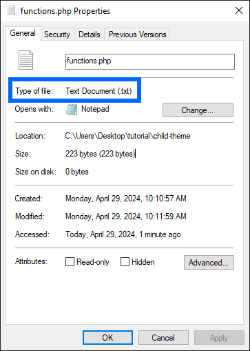 file properties modal showing incorrect file type