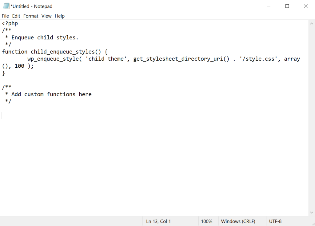 functions php file contents in notepad