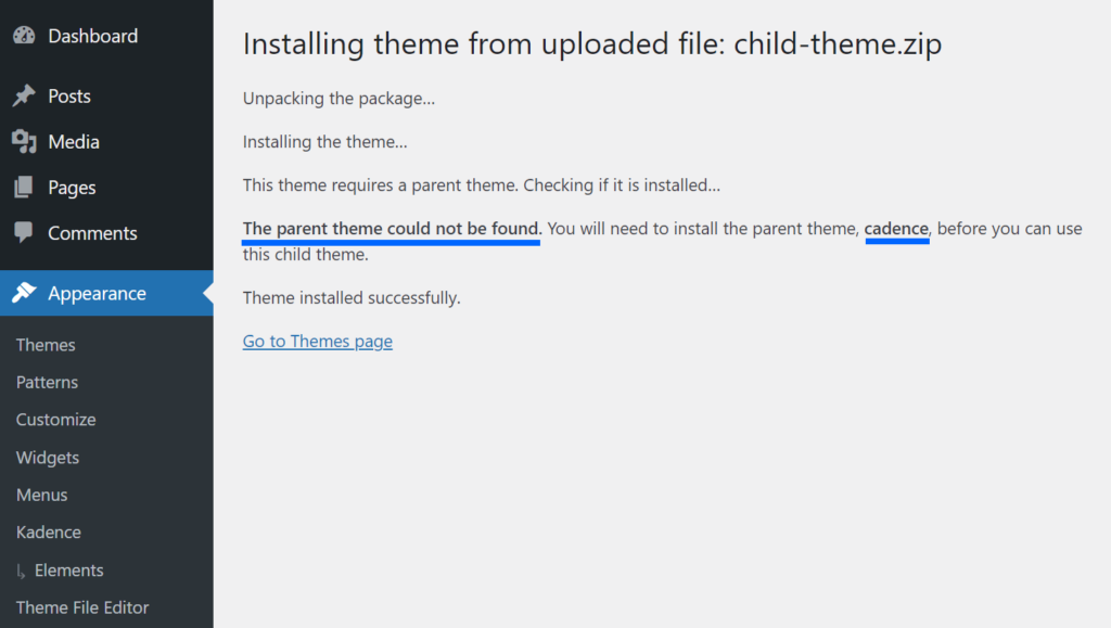 the parent theme could not be found error during wordpress child theme installation