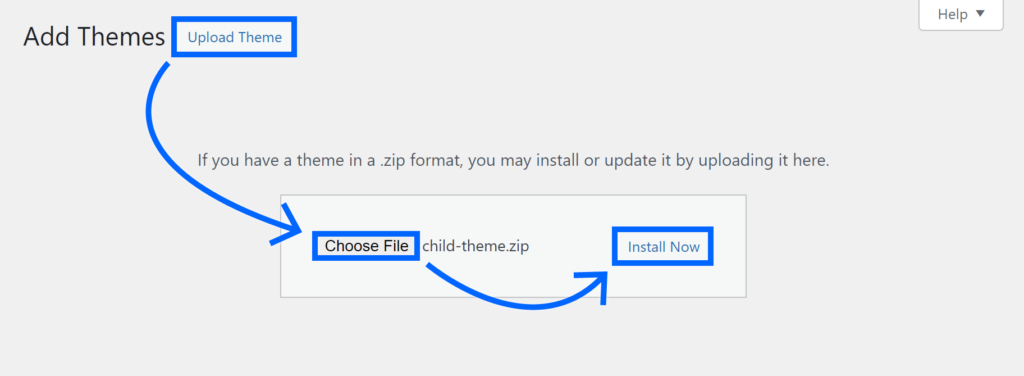 upload child theme file and click install now