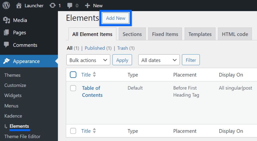 Kadence Elements page opened and Add New button highlighted.