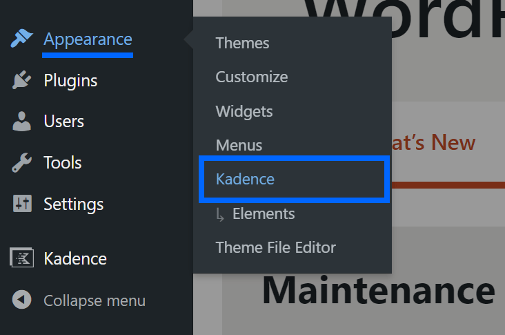 Appearance menu expanded and Kadence sub menu item highlighted.