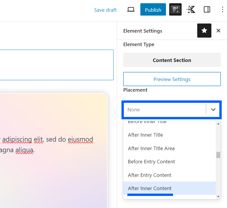 Element placement settings with dropdown and After inner content highlighted.