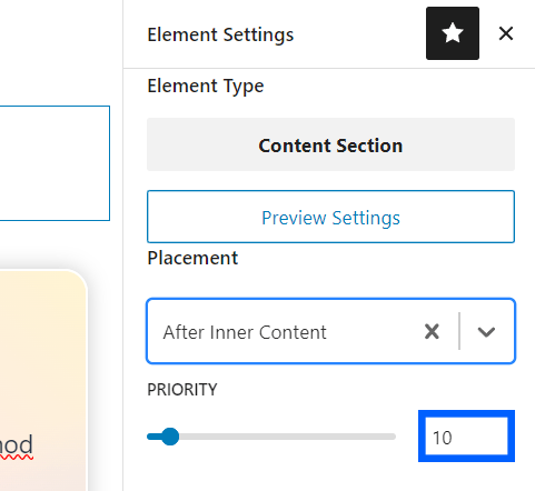 Element priority setting with input field showing 10 highlighted.
