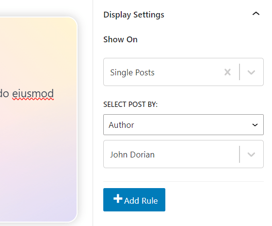 Display Settings area showing Select Post by set to Author and an author selected.