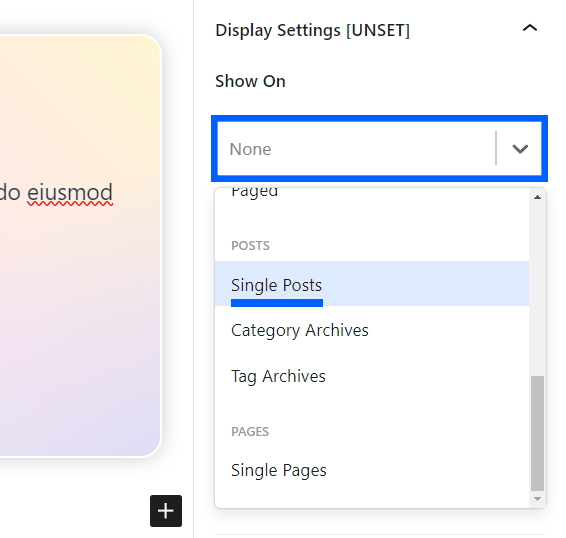 Show on dropdown expanded and Single Posts option highlighted.