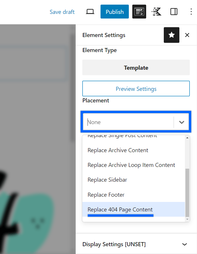 Placement dropdown expanded and Replace 404 Page Content option highlighted.