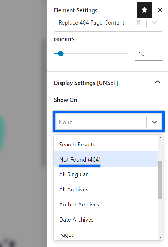 Show On dropdown expanded and Not Found 404 option highlighted.