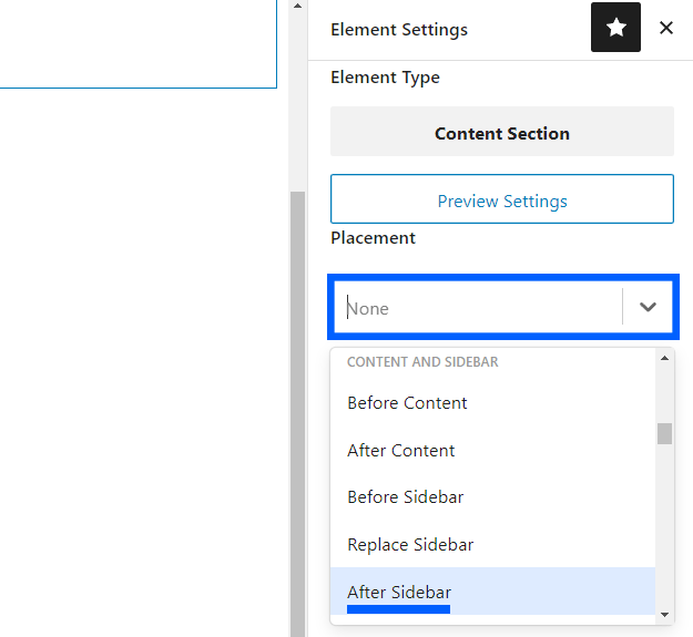 Placement menu expanded and after sidebar highlighted.