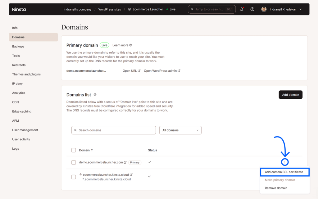 Annotations showing how to add custom SSL in Kinsta dashboard.
