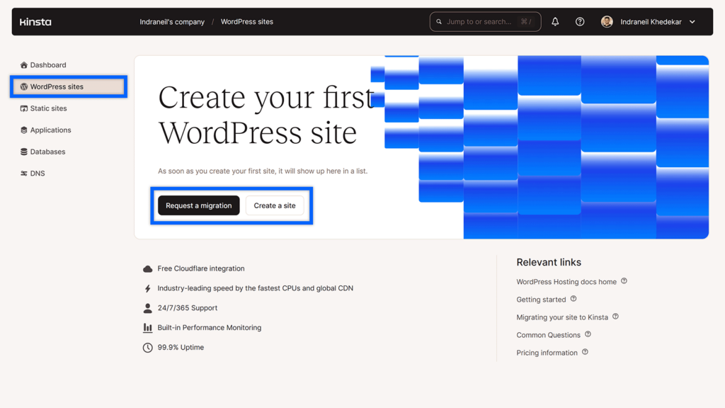 Site migration and creation options highlighted in MyKinsta dashboard.