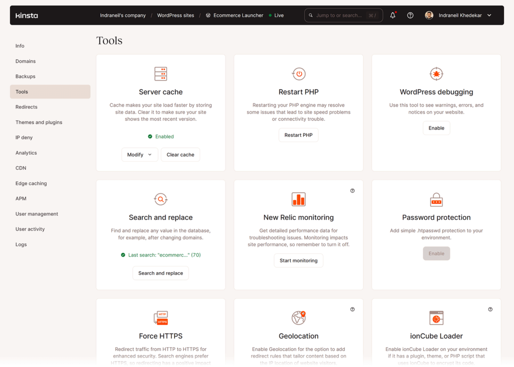 Dashboard showing Kinsta tools for developers like PHP version selector and WordPress debugger.