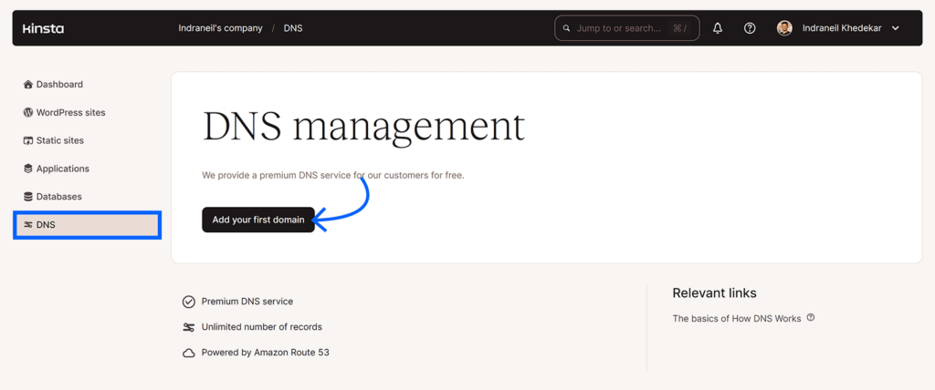 Kinsta DNS management dashboard with arrow pointing to button