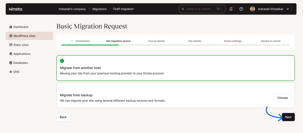 Second step in requesting a free migration from Kinsta with Next button highlighted.