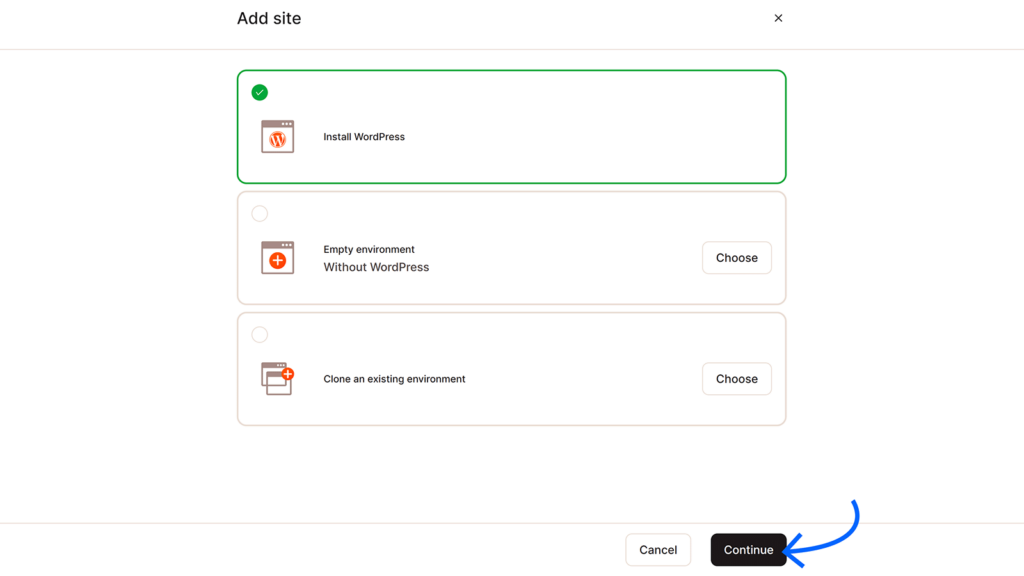 Add site step when setting up a WordPress website on Kinsta.