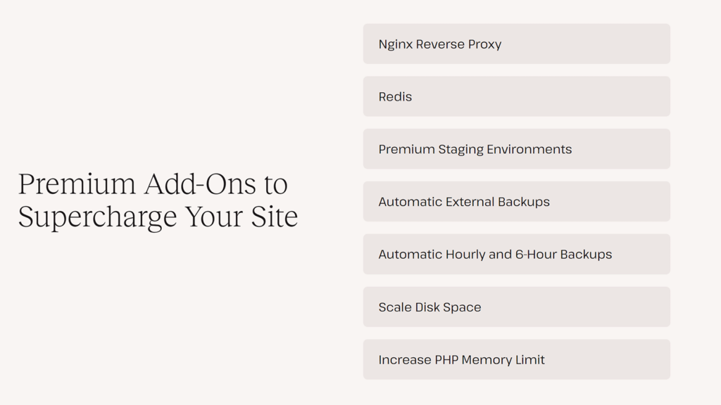 List of Kinsta addons like Nginx, Redis, and External Backups.
