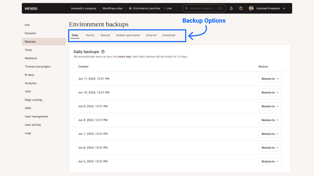 Kinsta backups dashboard with annotation.