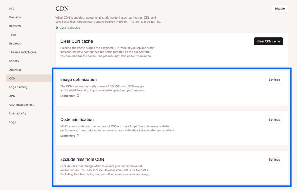 kinsta-cdn-dashboard with highlights around image, code, and exclude sections.