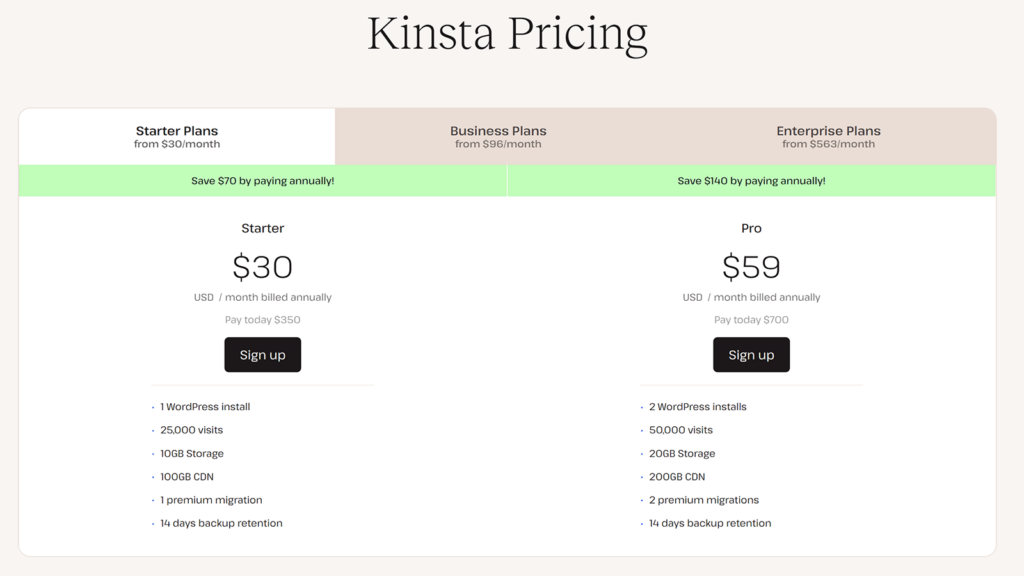 Kinsta pricing plans for Starter and Pro plans.