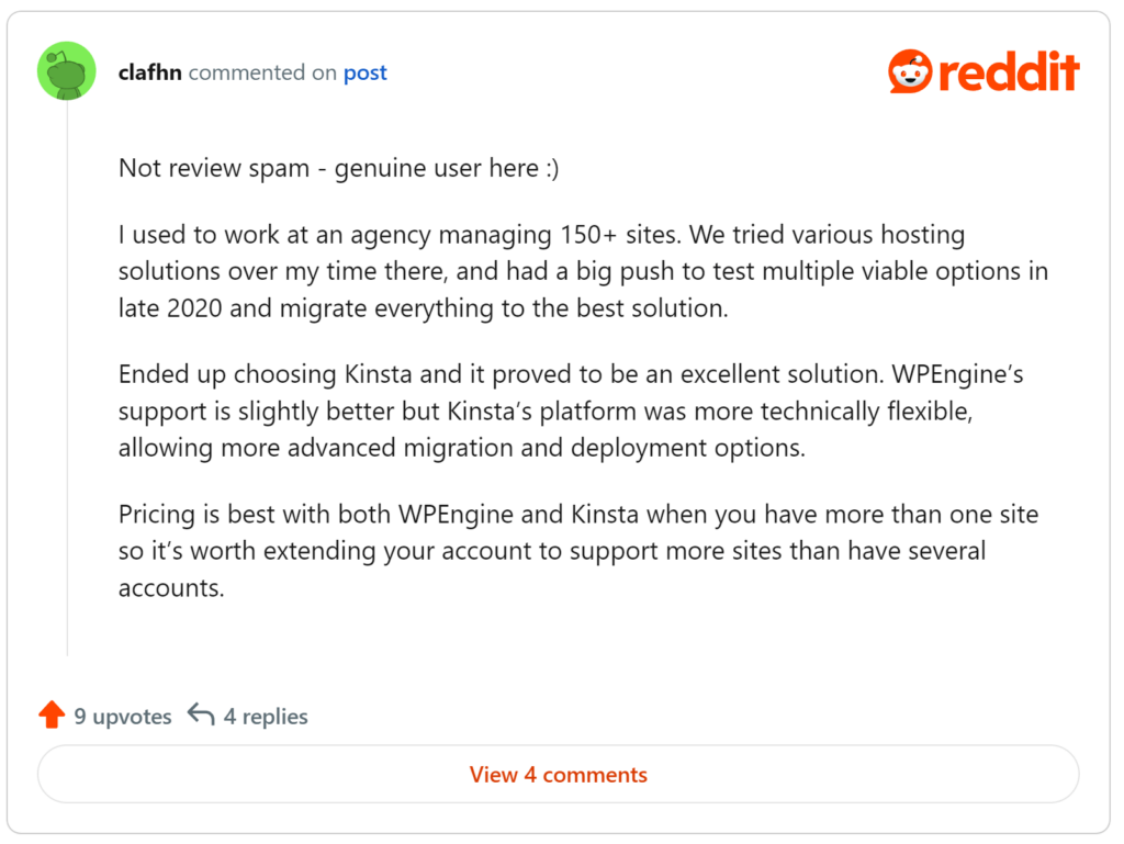 Reddit user comment praising Kinsta hosting.