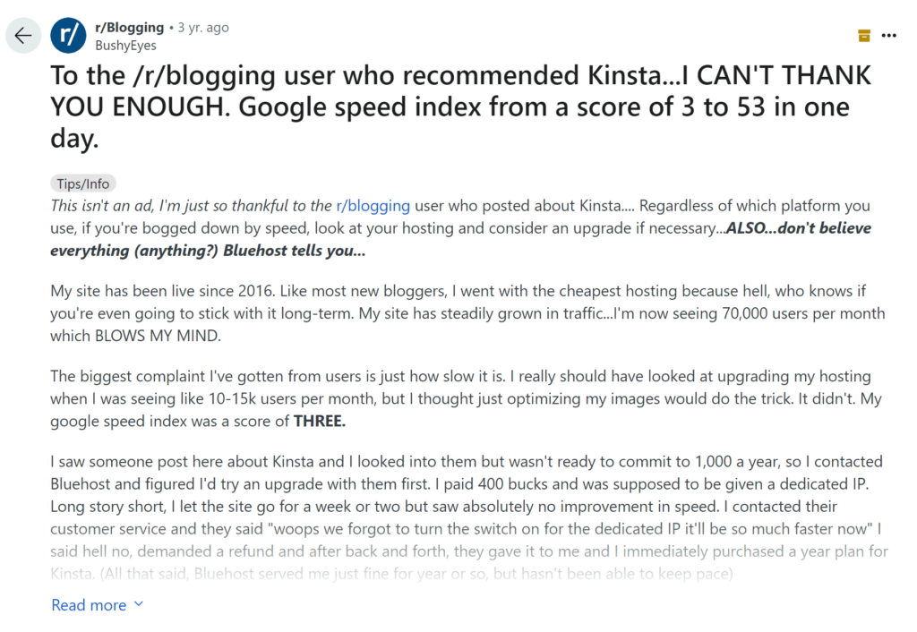Happy Kinsta user's reddit post praising Kinsta performance.