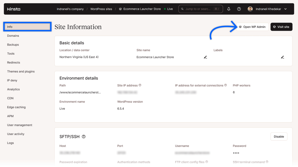 Site Info page in MyKinsta dashboard with arrow pointing to Open WP Admin button.