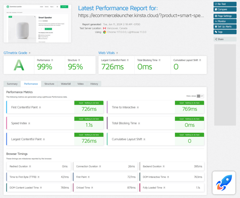 Website product page GTmetrix test results showing 99% score.