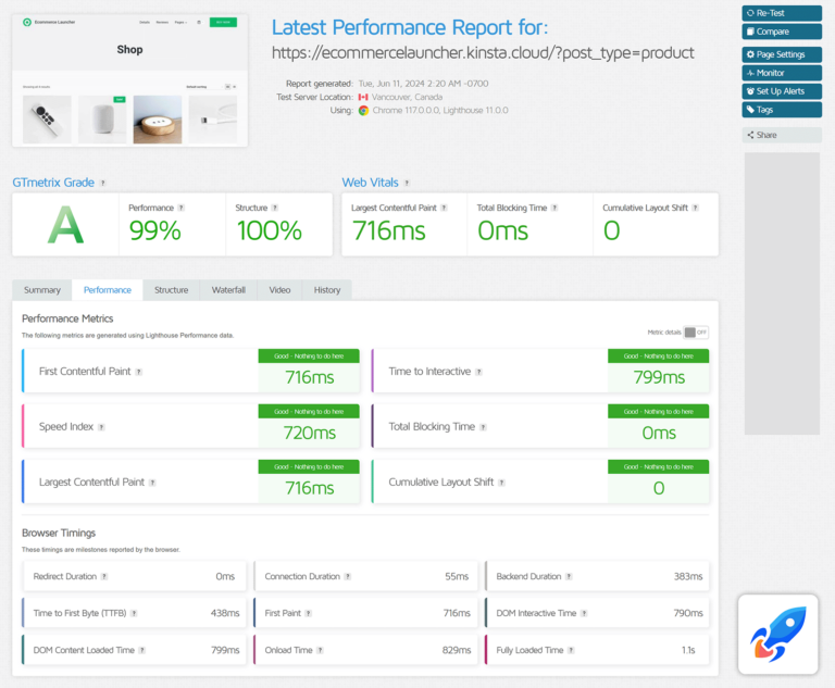 Website shop page GTmetrix test results showing 99% score.