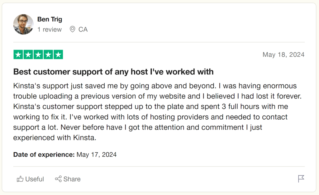 Kinsta customer Ben Trig shares his experience using Kinsta on Trustpilot.