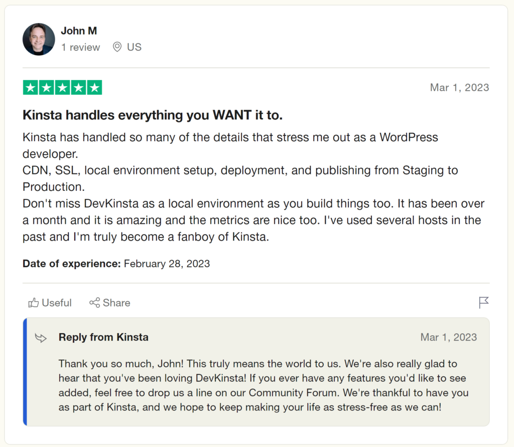 Developer John M. shares his experience using Kinsta on Trustpilot.