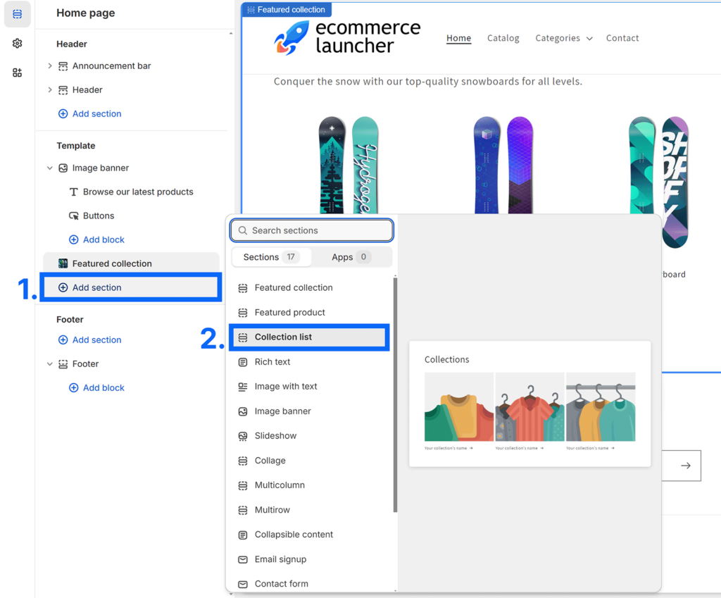 Add section button selected and Collection list option highlighted