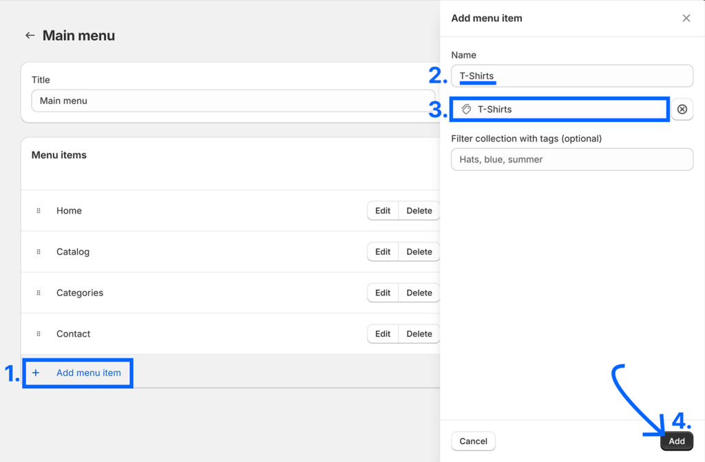 Add menu item highlighted, item name entered, collection selected, and arrow pointing to Add button