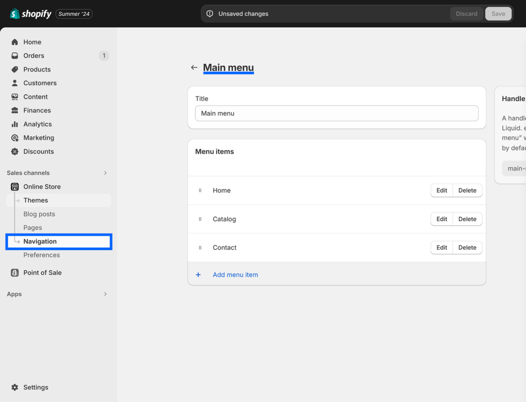 Online Store Navigation opened and Main menu selected