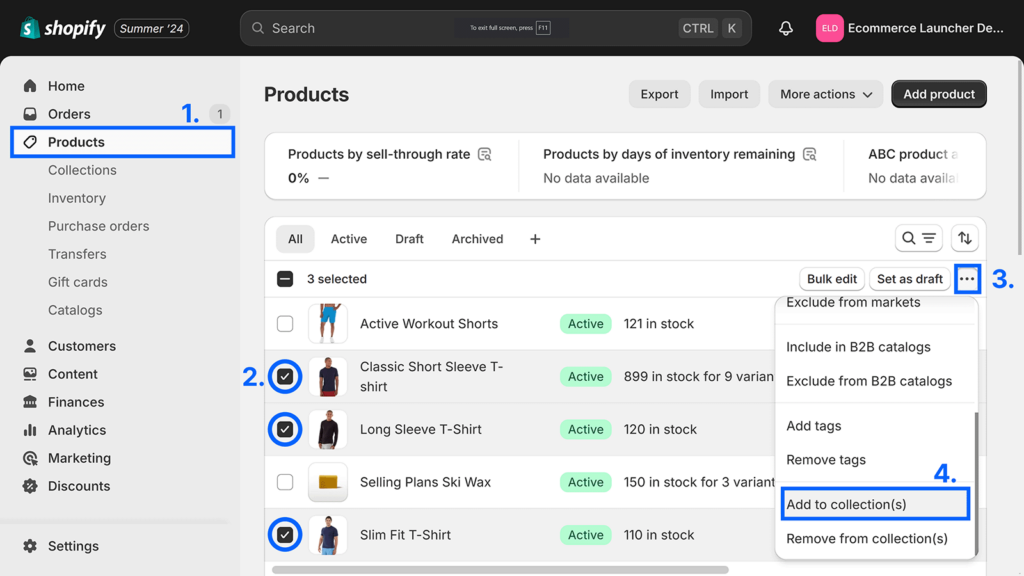 Product page opened, products selected, ellipsis menu expanded, and Add to collections highlighted.