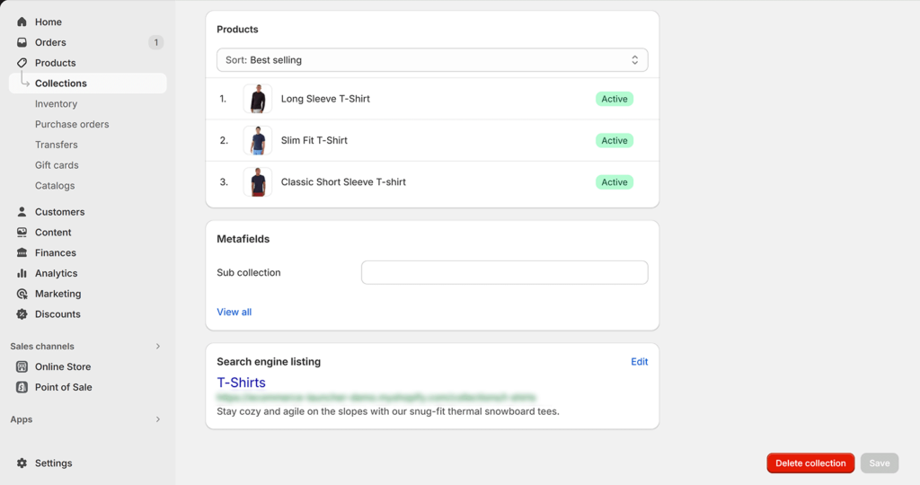 Collections page in Shopify admin showing three products added