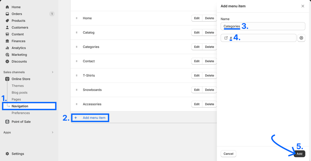 Navigation page with add menu item highlighted, item name entered, link set to #, and arrow pointing to Add button