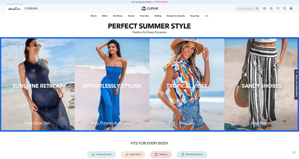 Cupshe homepage with collections that use images with CTA