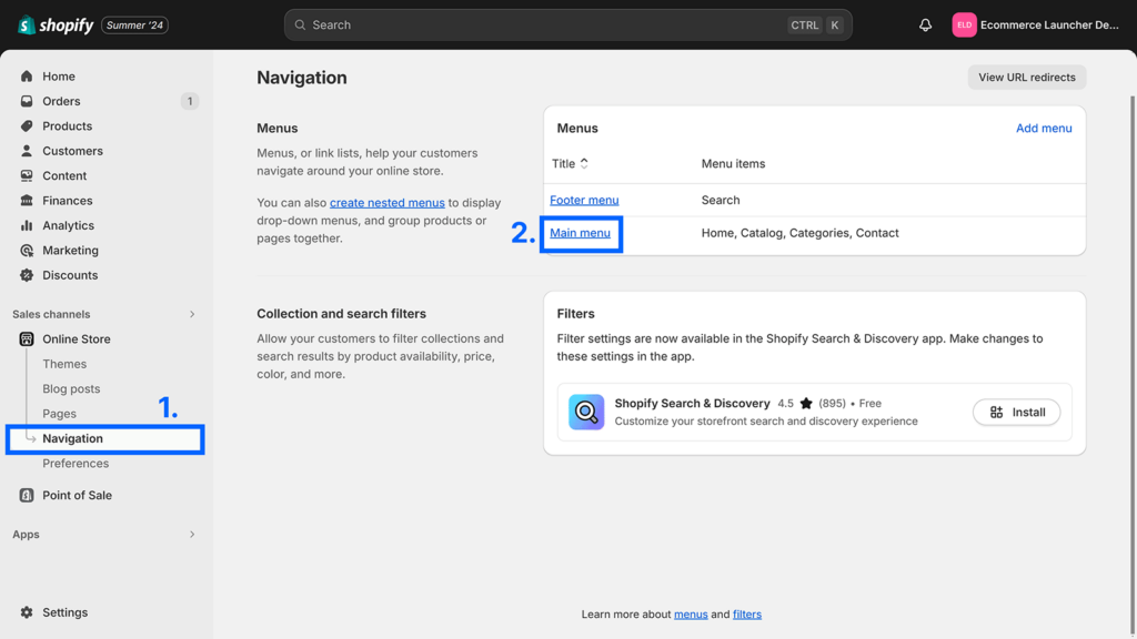 Online Store Navigation page opened and Main menu hyperlink highlighted