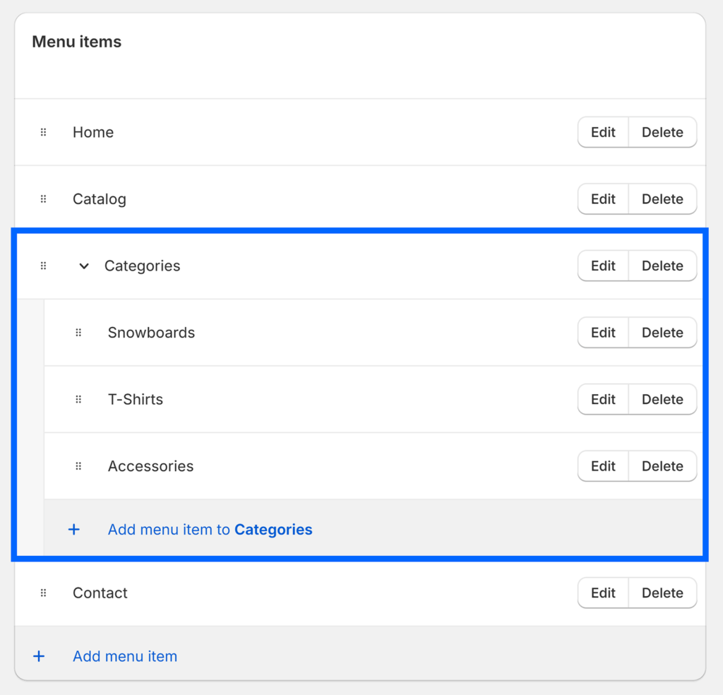 Categories menu item with nested collections highlighted in Menu items section