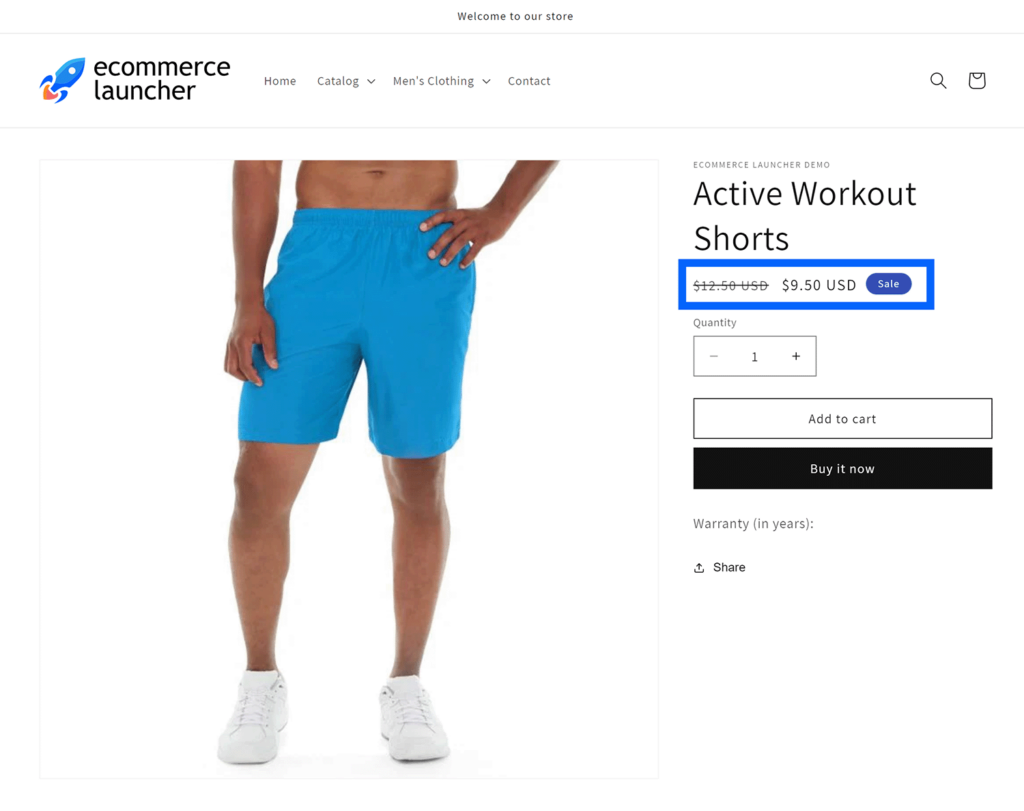 Sale indicator and strikethrough pricing on product page highlighted