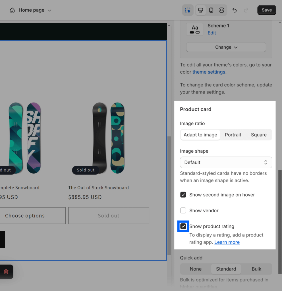 Show product rating box checked under Product card settings