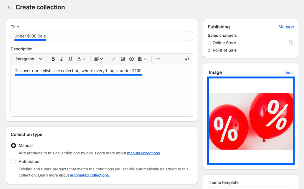 Sale collection title, description, and image added and highlighted in Shopify admin