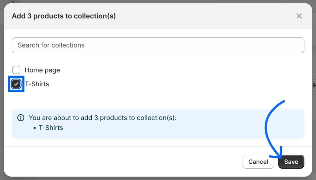 T-shirts collection checked and arrow pointing to Save button