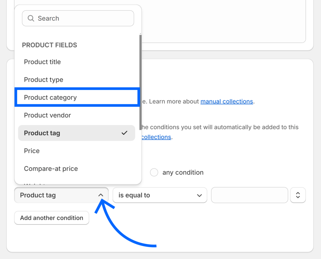 Product field set to Product category