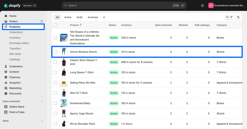 Products page opened in Shopify backend and Product highlighted in table