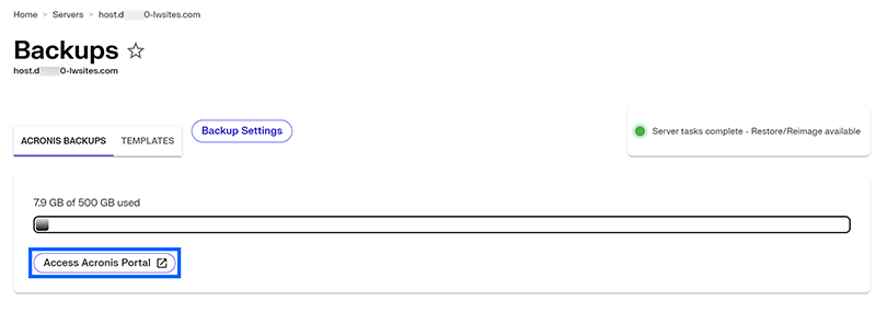Backups page open and Access Acronis Portal button highlighted