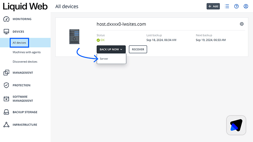Acronis Portal with steps to create a backup highlighted