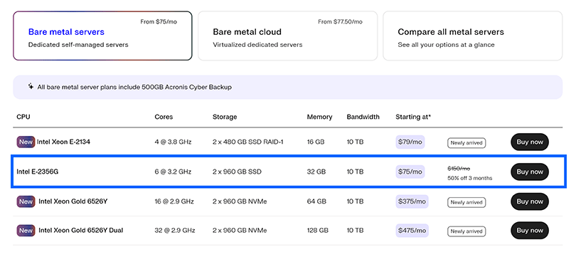 Liquid Web Bare Metal Servers pricing plans