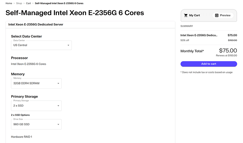 Bare Metal server configuration page with data center, processor, memory, storage selected
