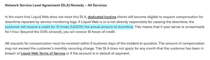 Liquid Web Network SLA clause highlighted